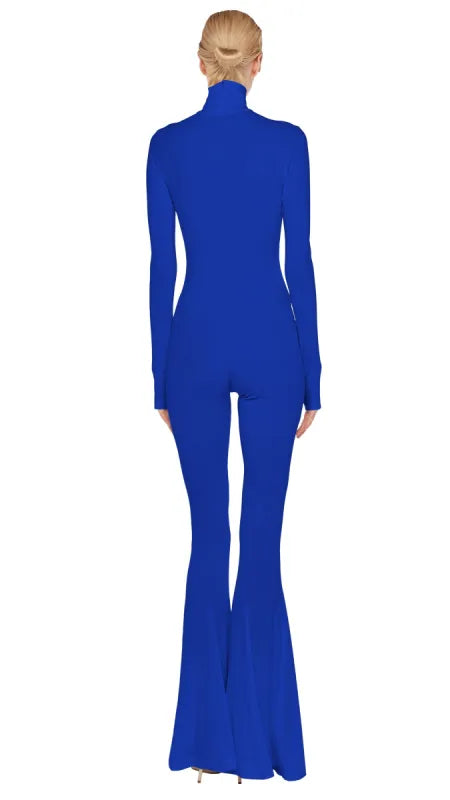 Bright blue turtleneck fishtail jumpsuit with long sleeves and flared hem — Norma Kamali | Endless UAE