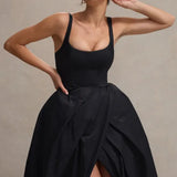 Black strappy maxi dress with fitted bodice and voluminous high-low skirt featuring front slit — Club L London | Endless UAE
