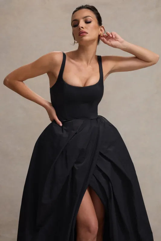 Black strappy maxi dress with fitted bodice and voluminous high-low skirt featuring front slit — Club L London | Endless UAE