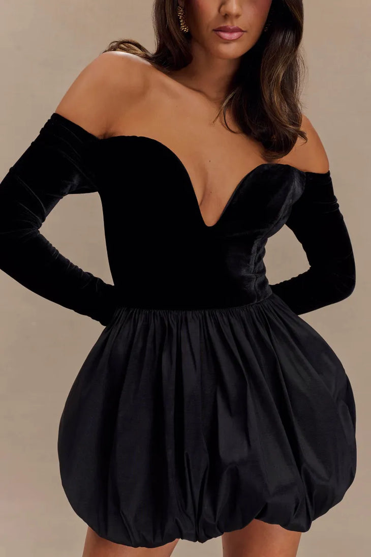 Black velvet off-shoulder mini dress with deep V neckline and bubble hem skirt — Meshki | Endless UAE
