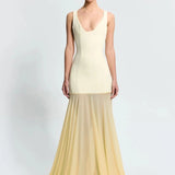 Odessa Gown in cream and pale yellow, sleeveless fitted bodice with flowing pleated skirt and train — Effie Kats | Endless UAE