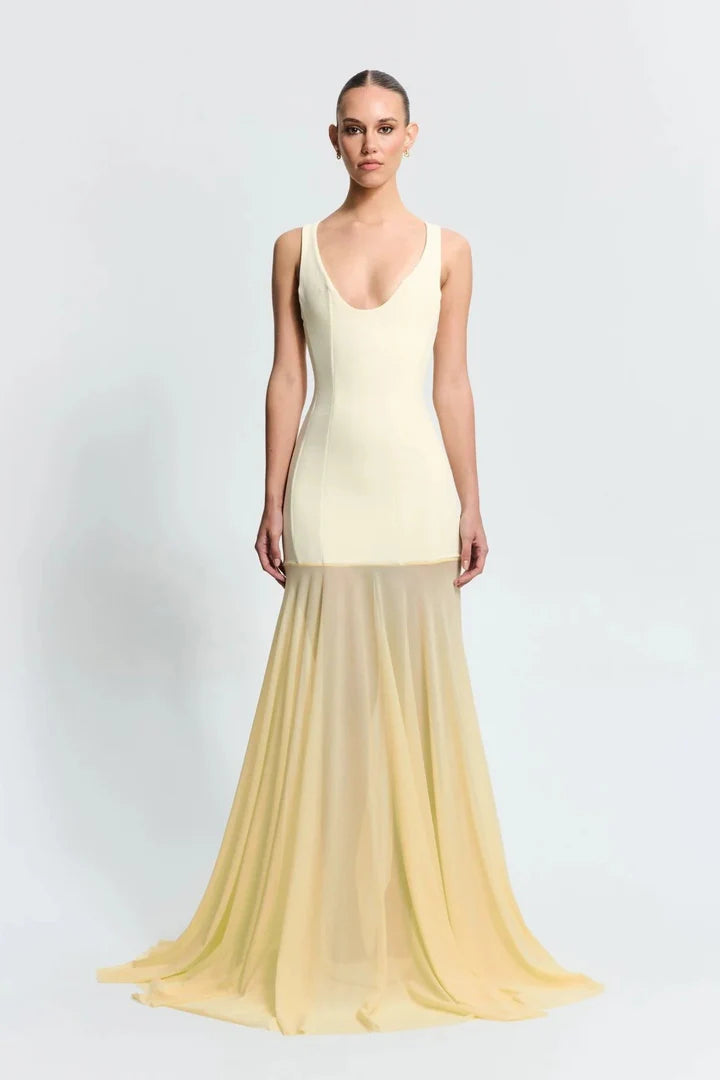 Odessa Gown in cream and pale yellow, sleeveless fitted bodice with flowing pleated skirt and train — Effie Kats | Endless UAE