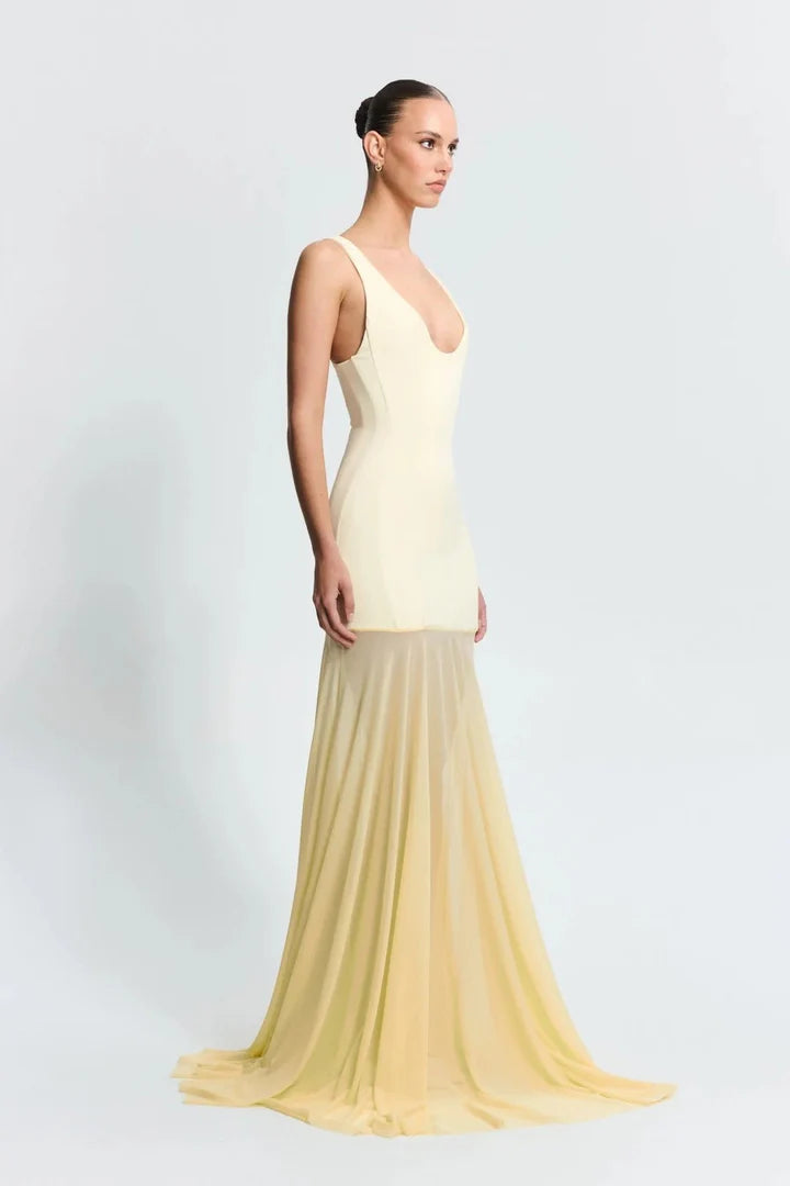 Odessa Gown in cream and pale yellow, sleeveless fitted bodice with flowing pleated skirt and train — Effie Kats | Endless UAE