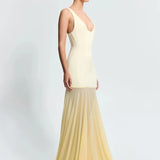 Odessa Gown in cream and pale yellow, sleeveless fitted bodice with flowing pleated skirt and train — Effie Kats | Endless UAE