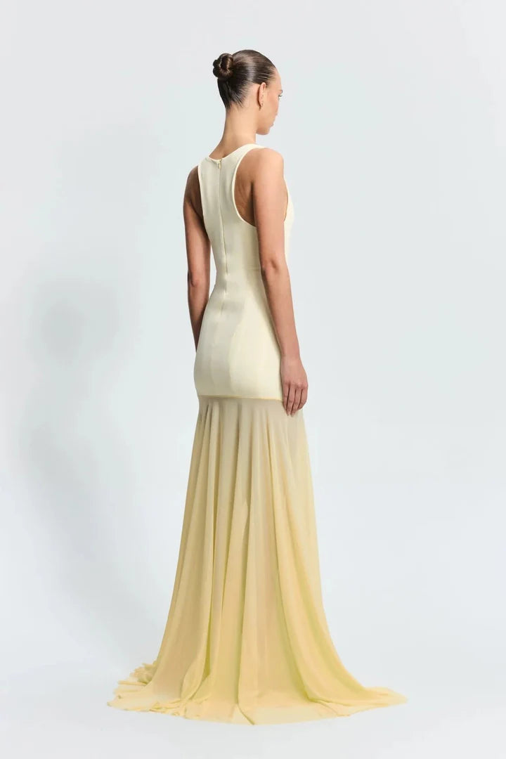 Odessa Gown in cream and pale yellow, sleeveless fitted bodice with flowing pleated skirt and train — Effie Kats | Endless UAE