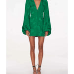 Green jacquard mini dress with plunging V-neck and voluminous balloon sleeves — Rat & Boa | Endless UAE