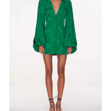 Green jacquard mini dress with plunging V-neck and voluminous balloon sleeves — Rat & Boa | Endless UAE