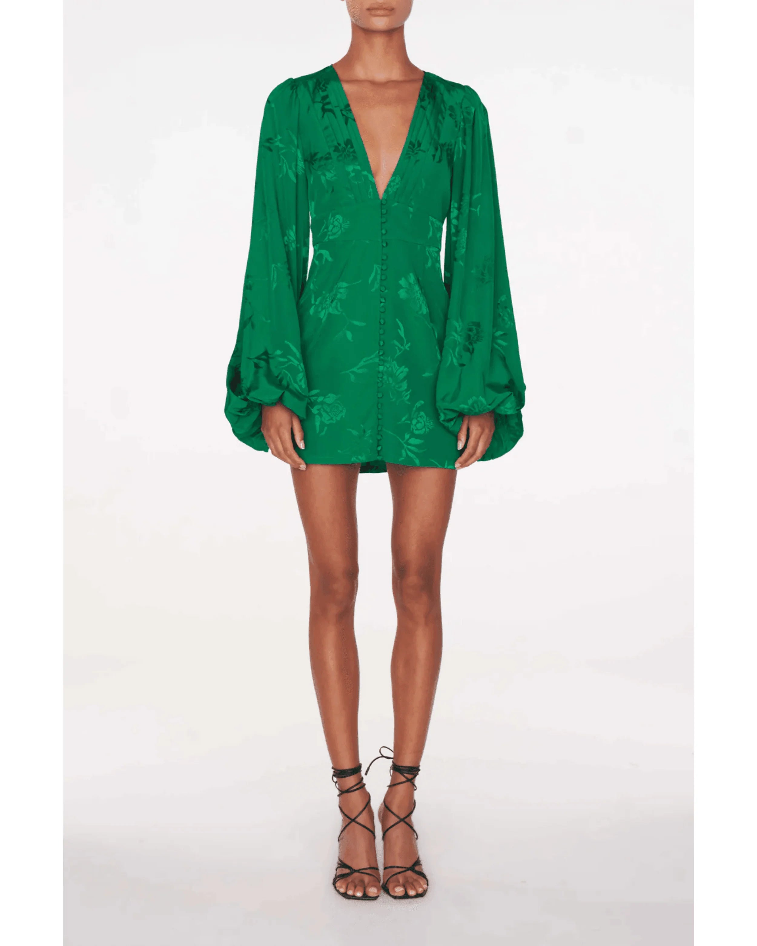 Green jacquard mini dress with plunging V-neck and voluminous balloon sleeves — Rat & Boa | Endless UAE