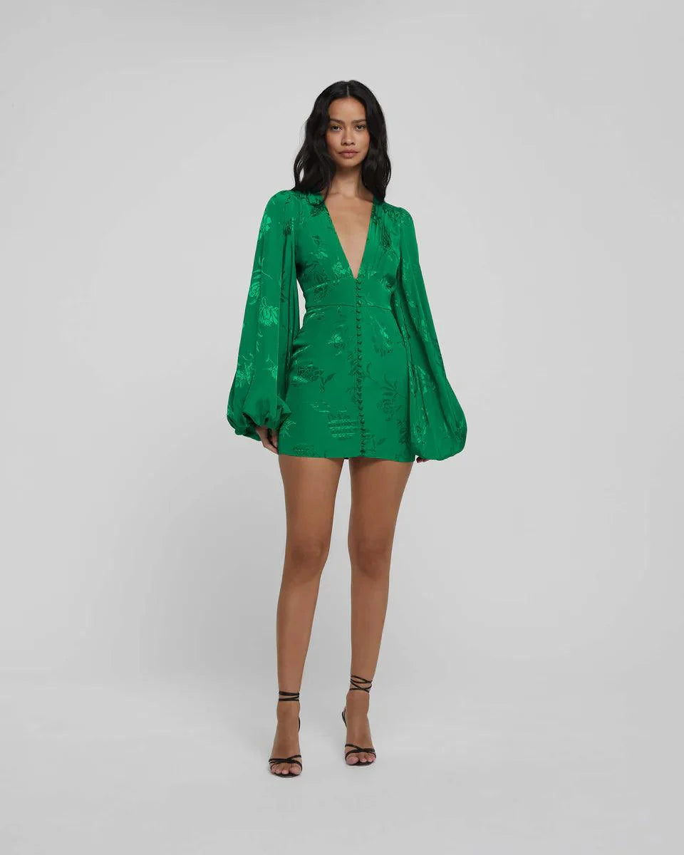 Emerald green mini dress with deep V-neck, long balloon sleeves, and jacquard floral pattern — Rat & Boa | Endless UAE