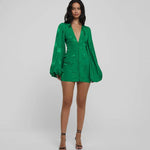 Emerald green mini dress with deep V-neck, long balloon sleeves, and jacquard floral pattern — Rat & Boa | Endless UAE