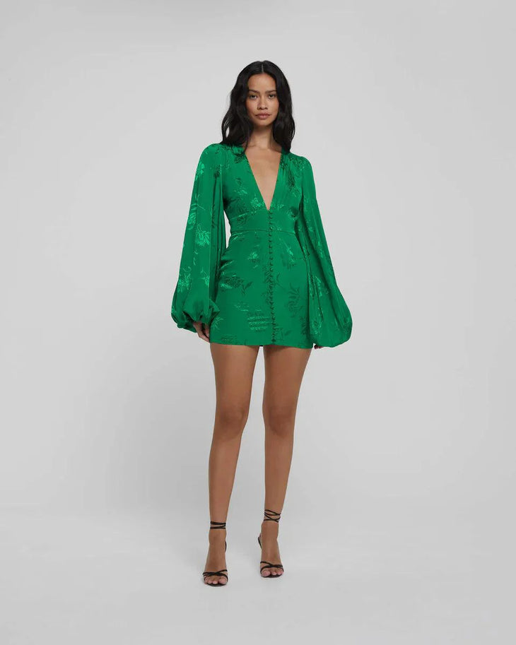 Emerald green mini dress with deep V-neck, long balloon sleeves, and jacquard floral pattern — Rat & Boa | Endless UAE