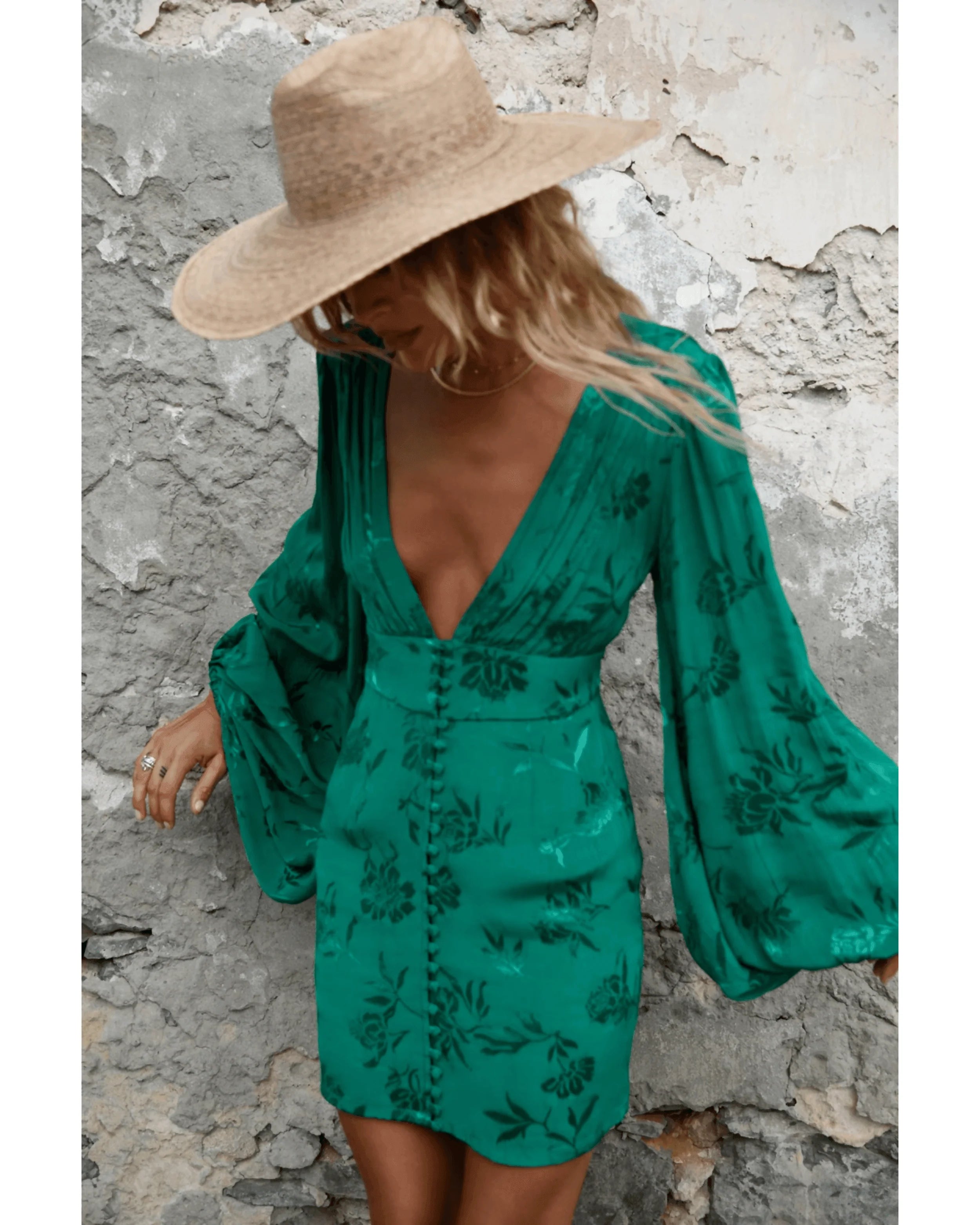Emerald green floral jacquard mini dress with puff sleeves and V-neckline styled with straw hat — Rat & Boa | Endless UAE