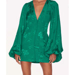 Green jacquard mini dress with deep V-neck, button front closure, and voluminous balloon sleeves — Rat & Boa | Endless UAE