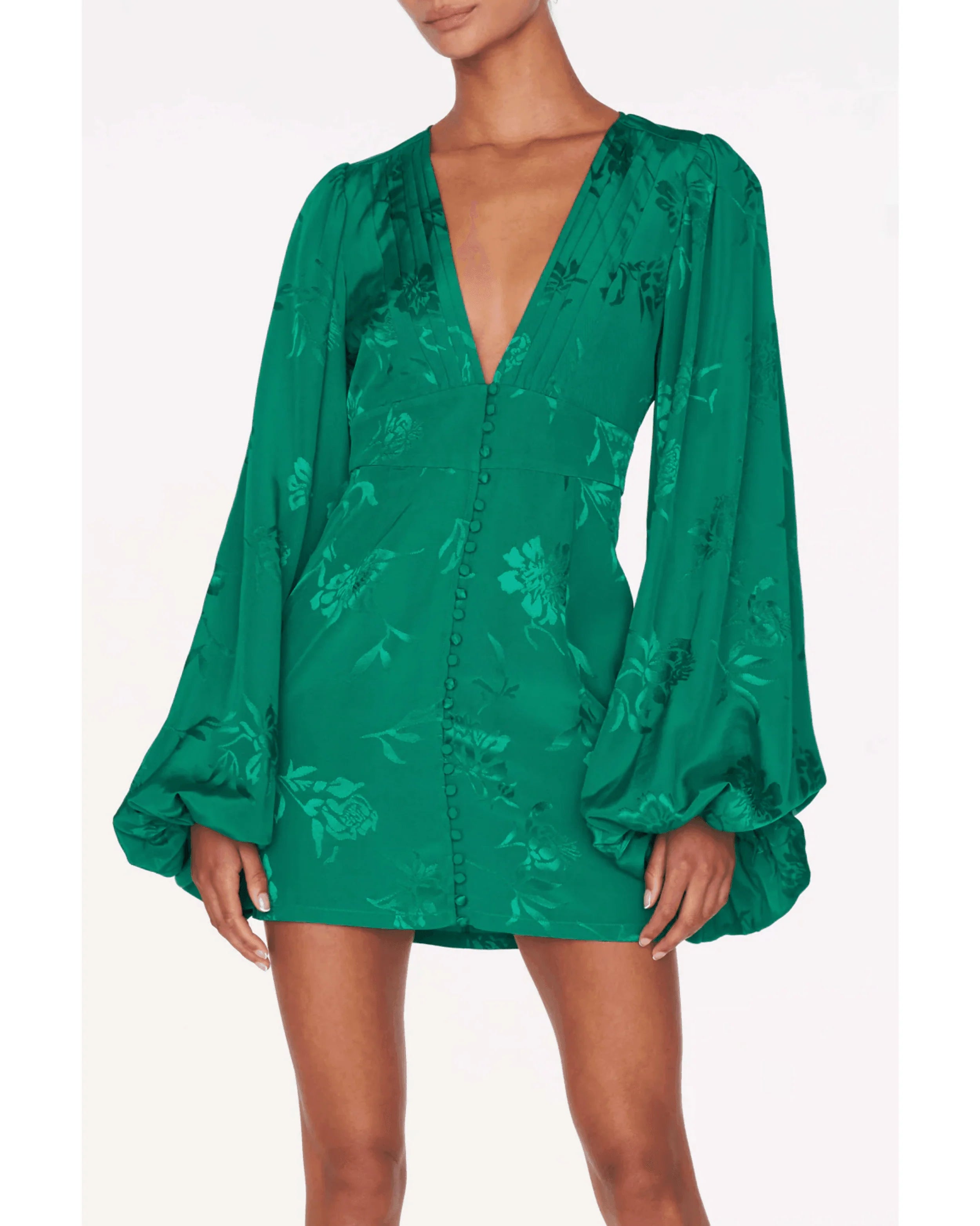 Green jacquard mini dress with deep V-neck, button front closure, and voluminous balloon sleeves — Rat & Boa | Endless UAE