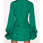 Green floral jacquard mini dress with long balloon sleeves and belted waist, back view — Rat & Boa | Endless UAE