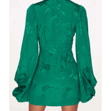 Green floral jacquard mini dress with long balloon sleeves and belted waist, back view — Rat & Boa | Endless UAE