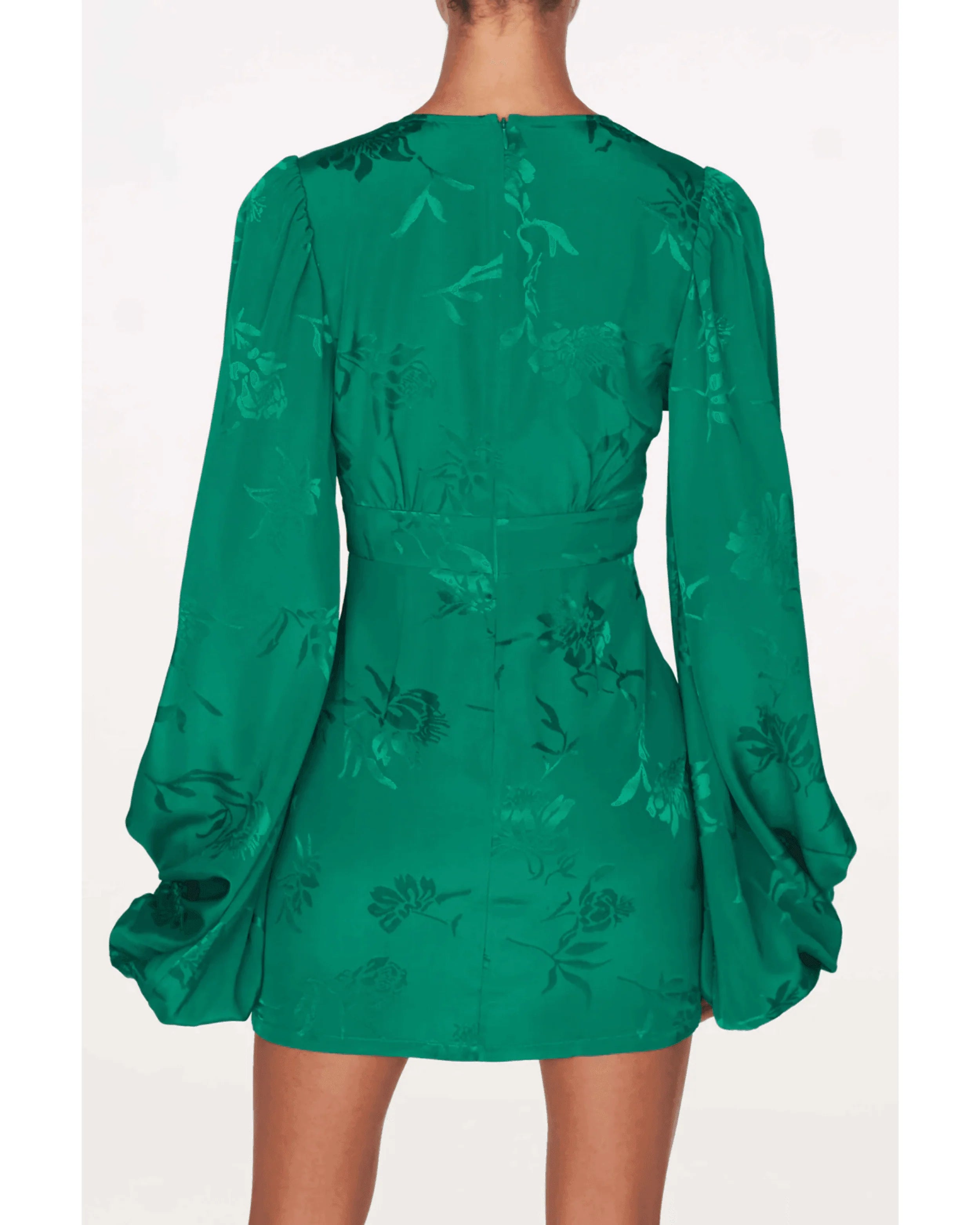 Green floral jacquard mini dress with long balloon sleeves and belted waist, back view — Rat & Boa | Endless UAE