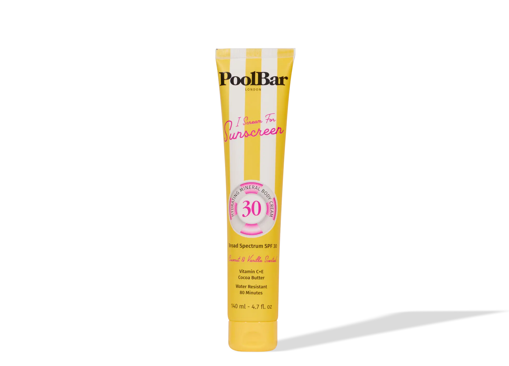 Yellow tube of PoolBar London SPF 30 mineral sunscreen with pink circular badge and striped design — PoolBar London | Endless UAE