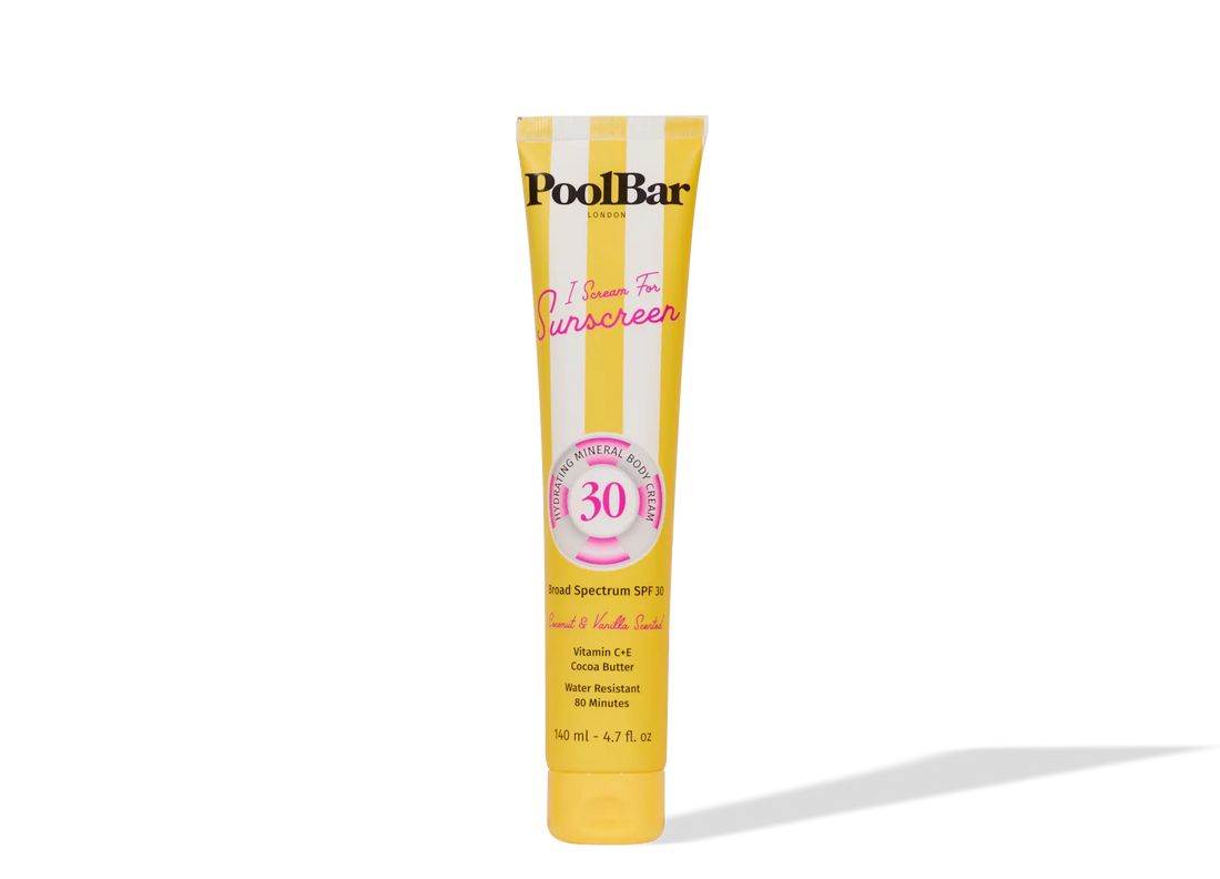Yellow tube of PoolBar London SPF 30 mineral sunscreen with pink circular badge and striped design — PoolBar London | Endless UAE