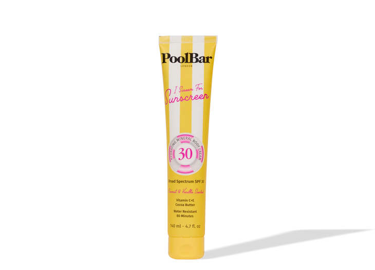 Yellow tube of PoolBar London SPF 30 mineral sunscreen with pink circular badge and striped design — PoolBar London | Endless UAE