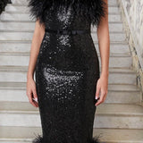 Black sequin midi dress with feather trim details on strapless neckline and hem — Nadine Merabi | Endless UAE