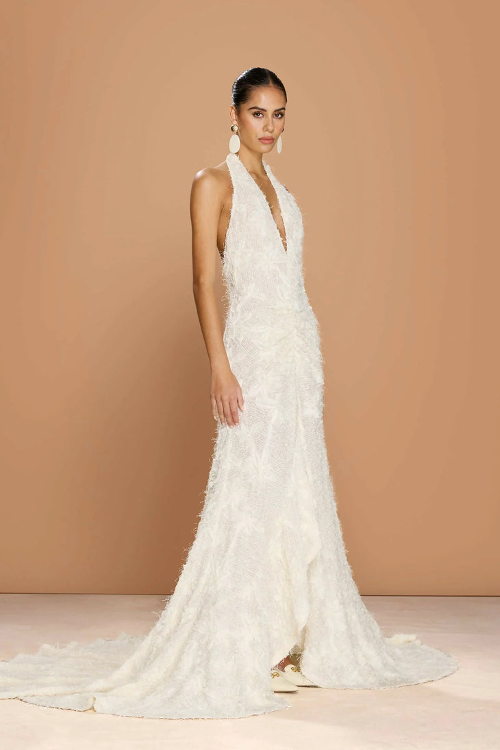 Noorah Gown white halter neck beaded wedding dress with high-low hem — Sonya Moda | Endless UAE