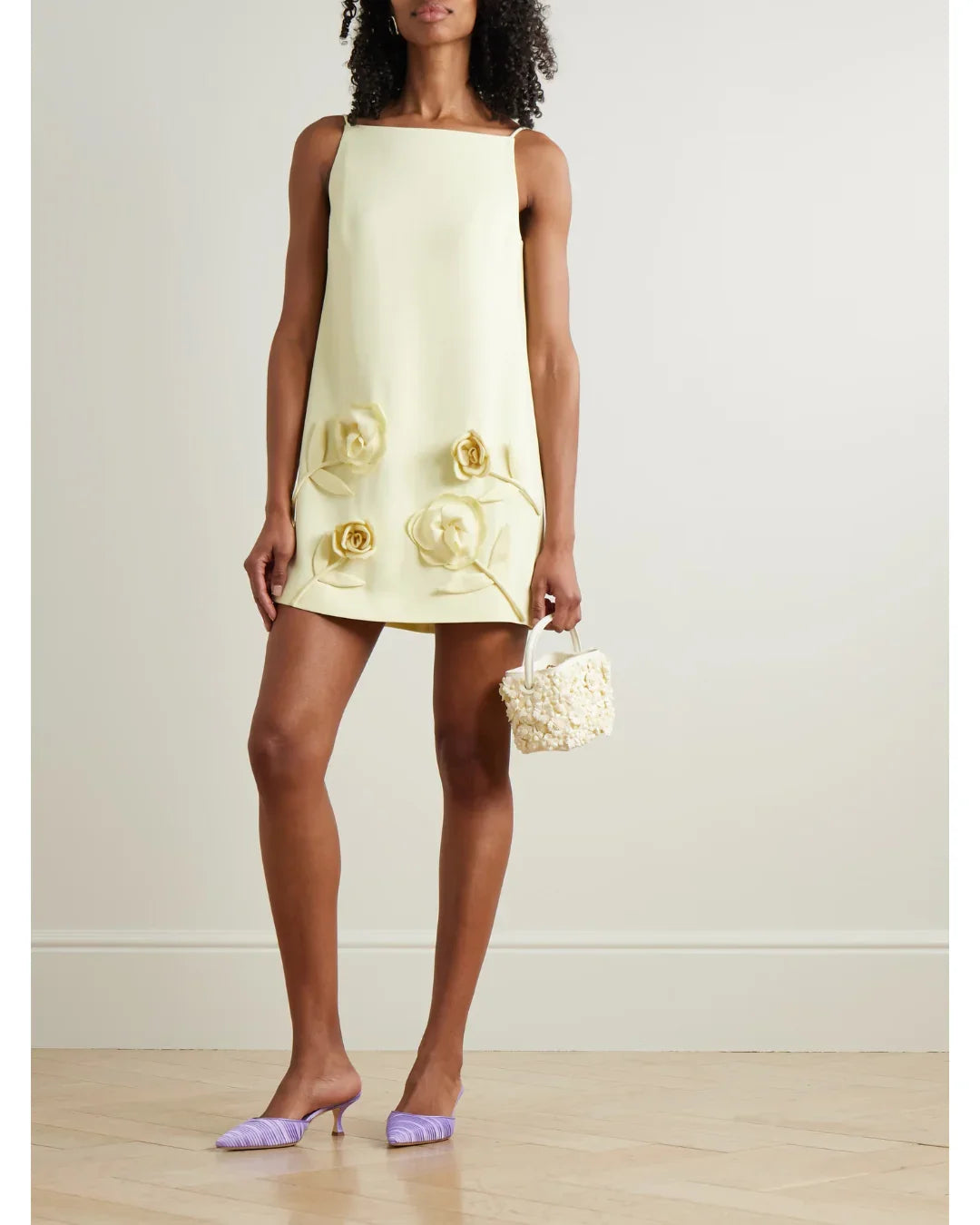 Pale yellow sleeveless crepe mini dress with golden rose appliqués — Self-Portrait | Endless UAE