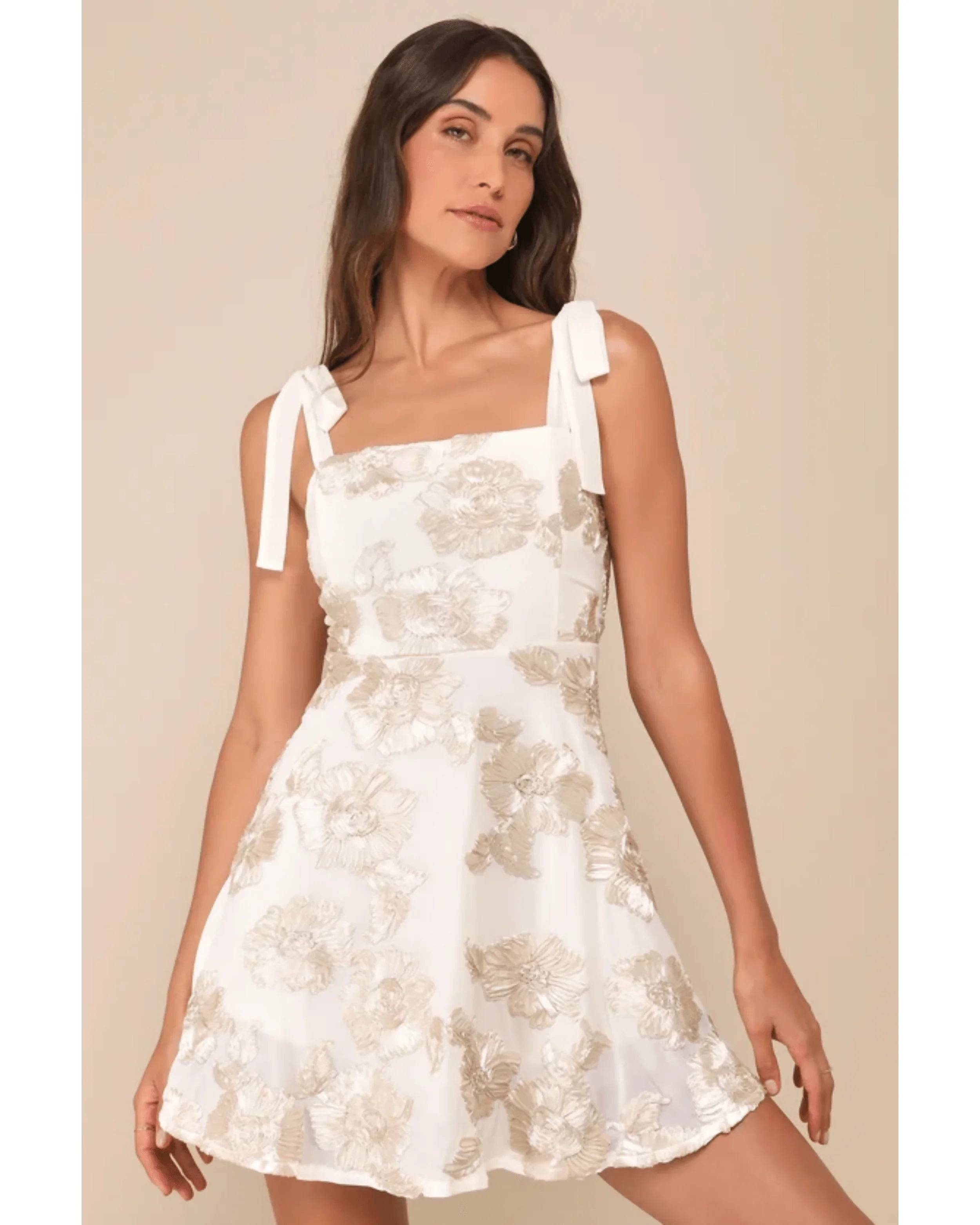 Ivory Mesh Floral Applique Tie-Strap Mini Dress - Endless - UAE Rental and Resale for Women's Fashion