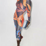 Abstract print sheer mesh bodycon maxi dress in orange and blue tones — Louisa Ballou | Endless UAE