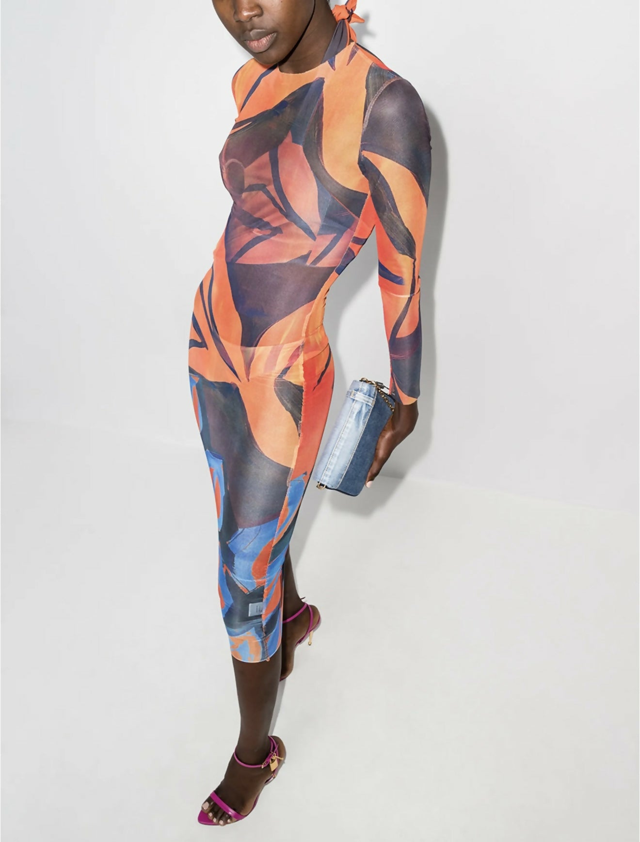 Abstract print sheer mesh bodycon maxi dress in orange and blue tones — Louisa Ballou | Endless UAE