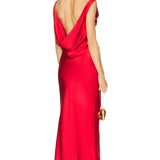 Elegant red sleeveless gown with dramatic low draped back, floor-length silhouette, model shown from behind — Norma Kamali | Endless UAE