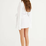 White wrap shirt dress with long sleeves and tie waist detail — Rumer | Endless UAE