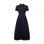 Woman wearing navy cotton denim collared midi dress with short sleeves — Endless | Endless UAE