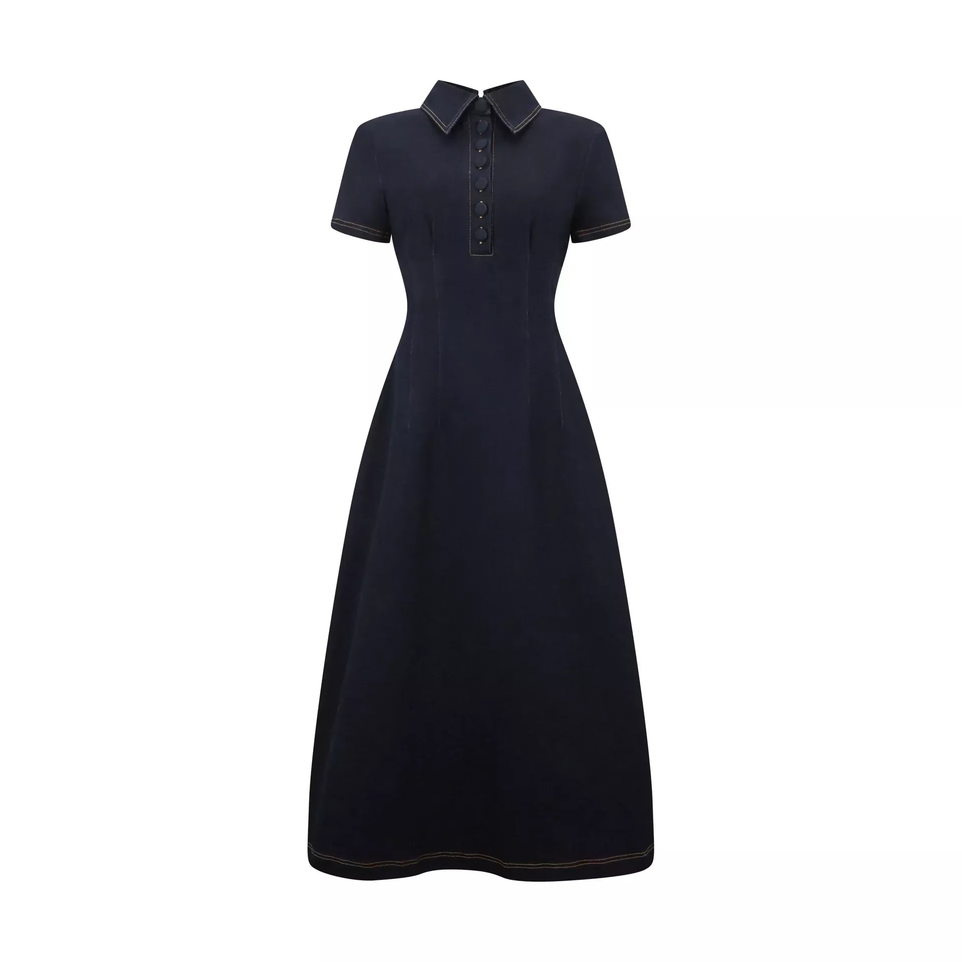 Woman wearing navy cotton denim collared midi dress with short sleeves — Endless | Endless UAE
