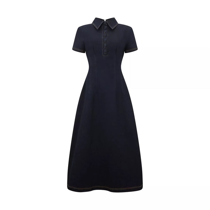 Woman wearing navy cotton denim collared midi dress with short sleeves — Endless | Endless UAE