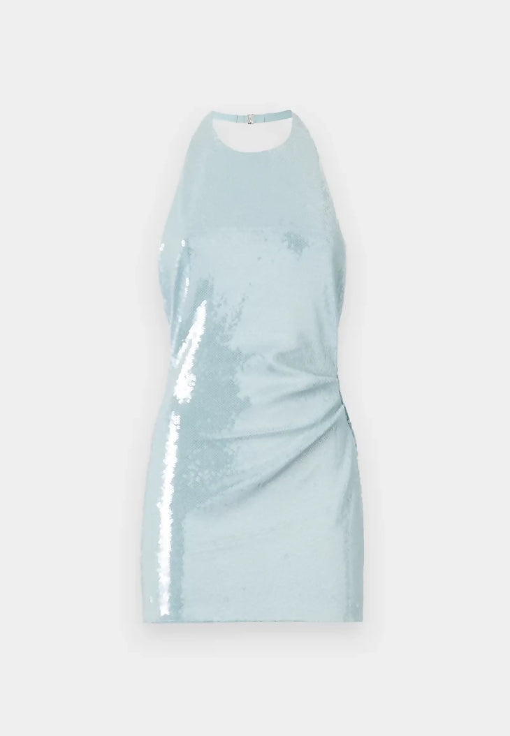 Pale blue sequined halter mini dress with fitted silhouette and high neckline — Bec + Bridge | Endless UAE