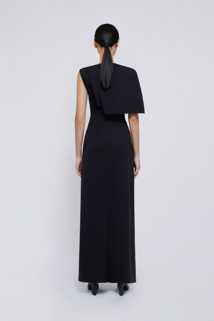 Black sleeveless maxi dress with draped shoulder detail and side buttons — Chats By C.Dam | Endless UAE