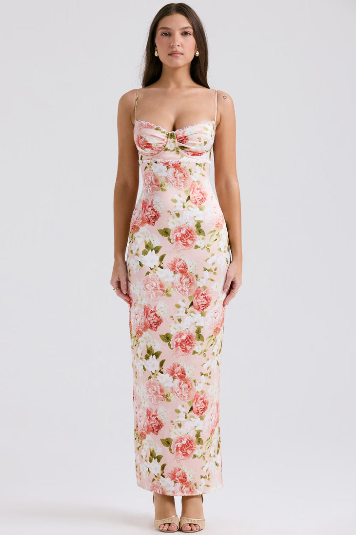 Josefina Peony Print Satin Maxi Dress in pink floral — House of CB | Endless UAE