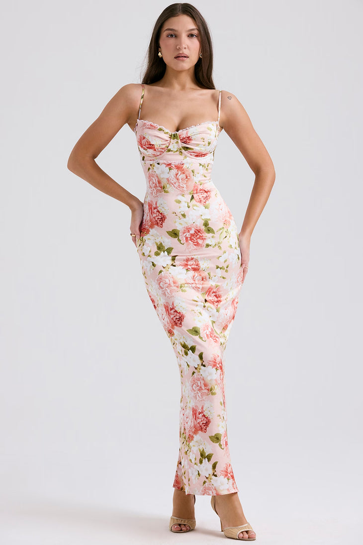 Josefina Peony Print Satin Maxi Dress in pink floral — House of CB | Endless UAE