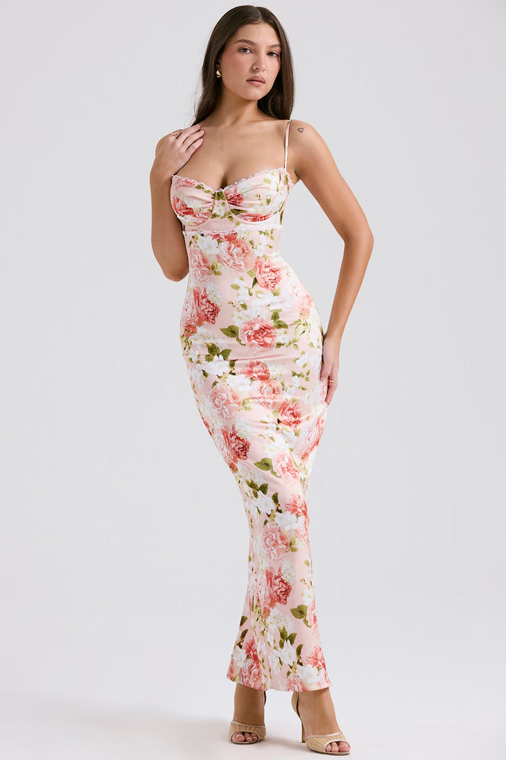 Josefina Peony Print Satin Maxi Dress in pink floral — House of CB | Endless UAE