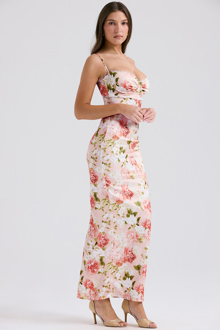 Josefina Peony Print Satin Maxi Dress in pink floral — House of CB | Endless UAE