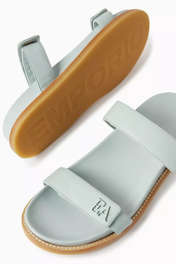 Mint green nappa leather flat sandals with buckle straps and tan sole — Emporio Armani | Endless UAE