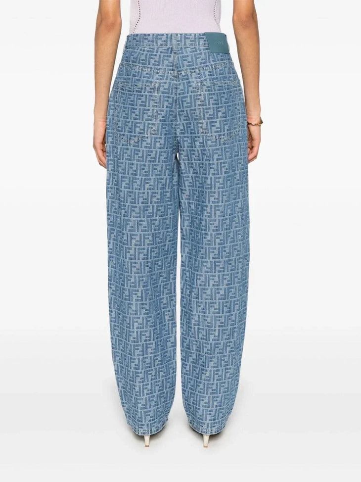 Fendi monogram chambray cotton jeans with high waist and straight leg silhouette — Fendi | Endless UAE