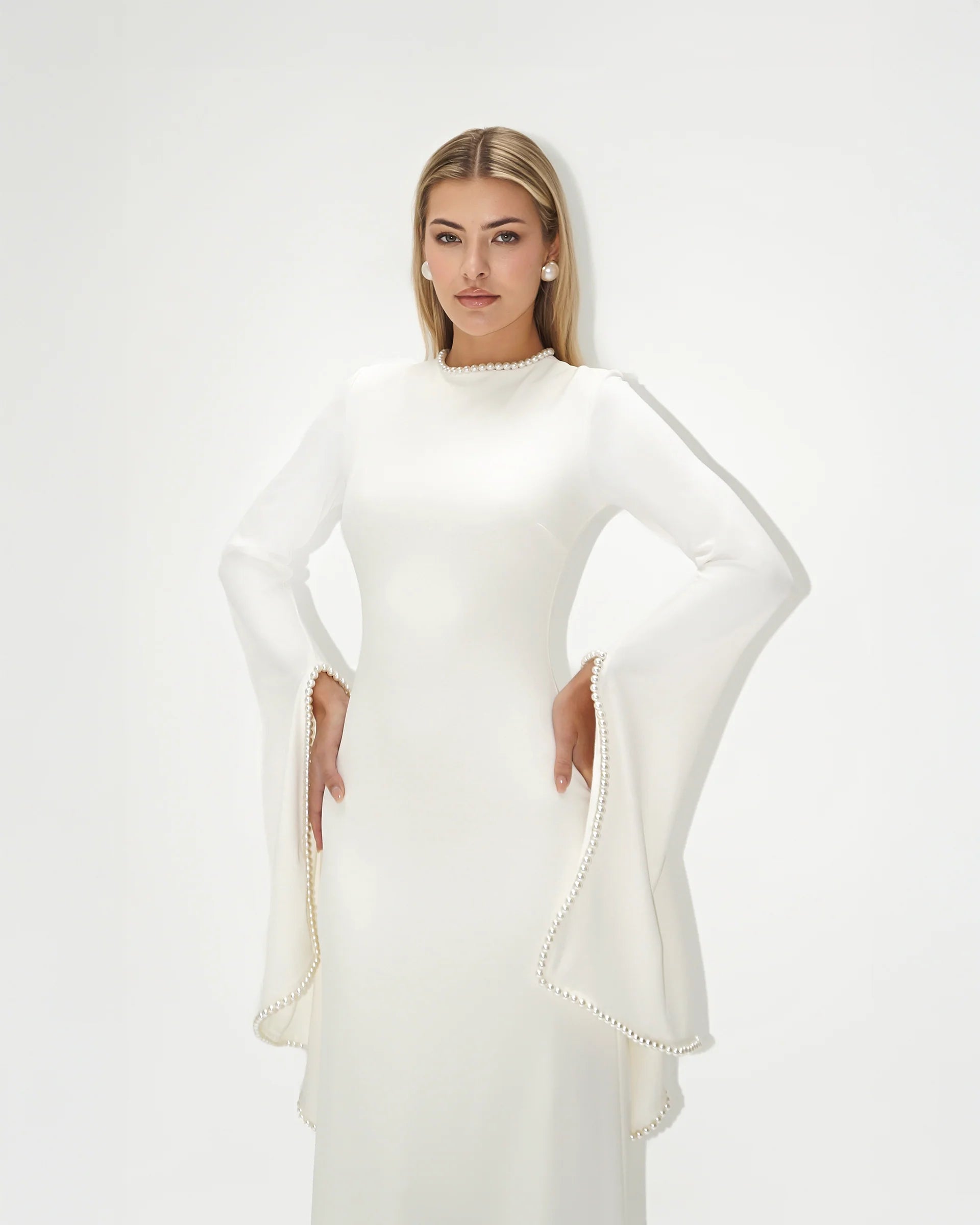 Kadela Dress in ivory cream with flowing cape sleeves — Khanum's | Endless UAE