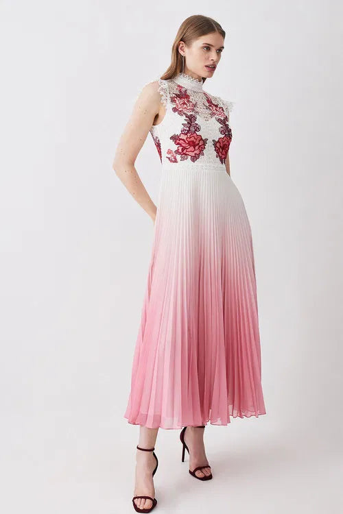 Tall Rose Guipure Lace Woven Pleat Skirt Midi Dress — Karen Millen | Endless UAE