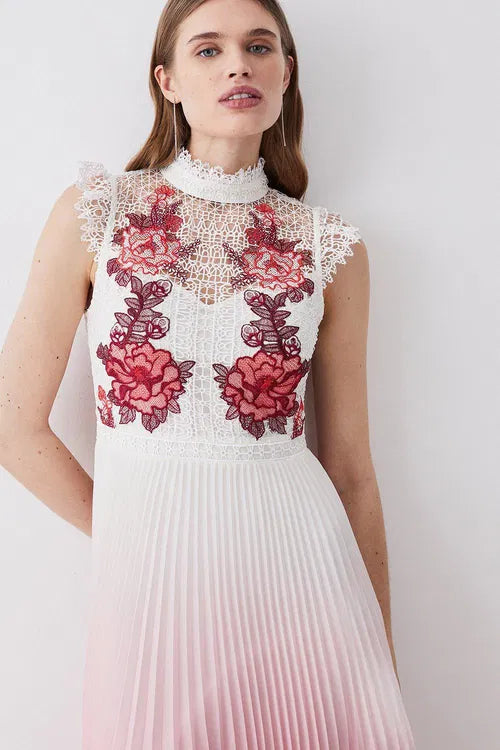 Tall Rose Guipure Lace Woven Pleat Skirt Midi Dress — Karen Millen | Endless UAE