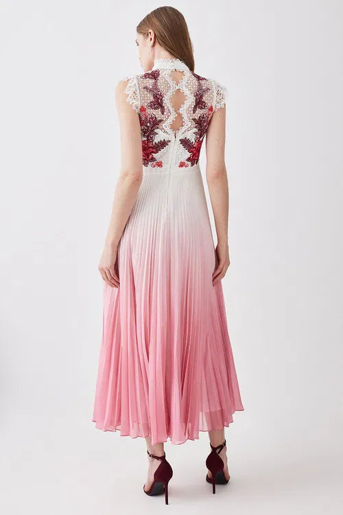 Tall Rose Guipure Lace Woven Pleat Skirt Midi Dress — Karen Millen | Endless UAE