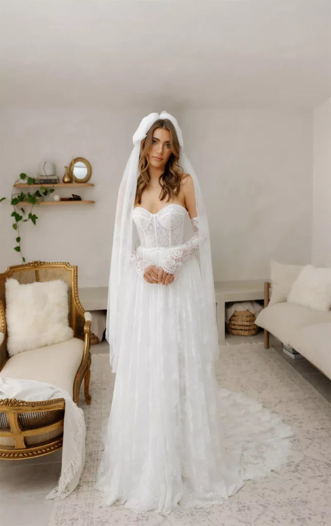 Kate white lace corset wedding dress with long veil — You&I | Endless UAE