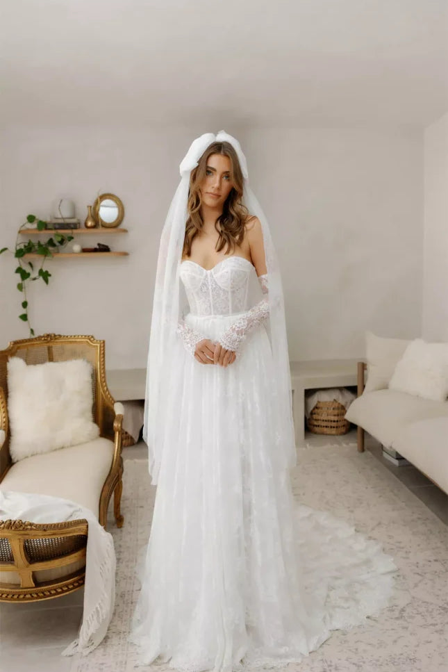 Kate white lace corset wedding dress with long veil — You&I | Endless UAE