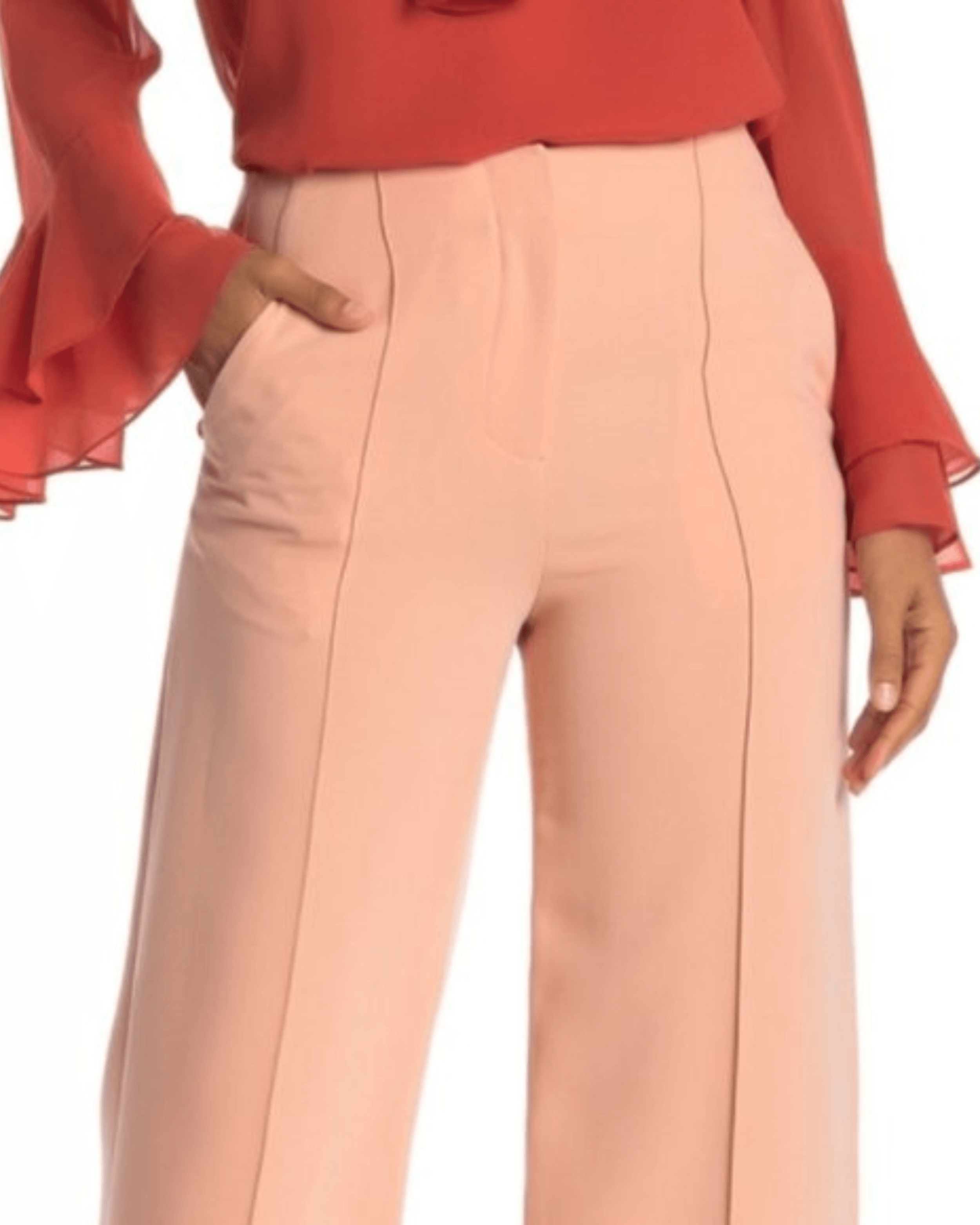 Woman wearing blush pink high-waisted wide leg trousers with a coral red blouse on white background — Diane Von Furstenberg | Endless UAE